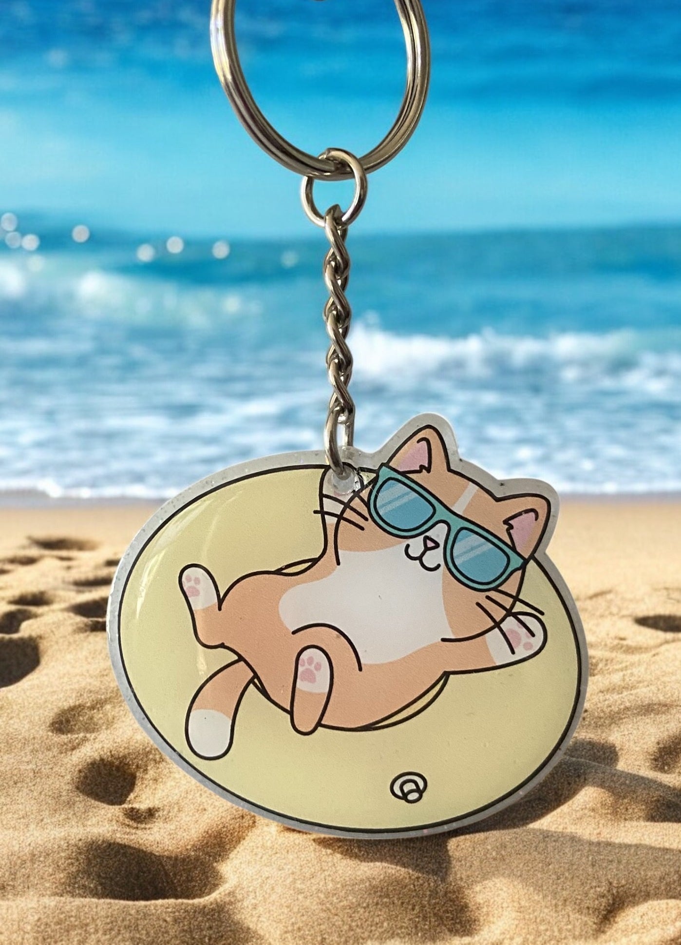 Cat with Sunglasses on Inner Tube - white glitter background