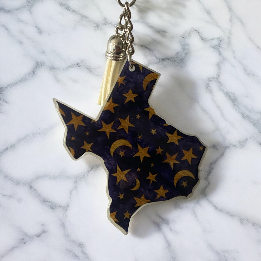 Texas-Shaped Keychain with Celestial Print