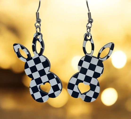 Black & White Checkered Bunny Earrings – Lightweight & Fun