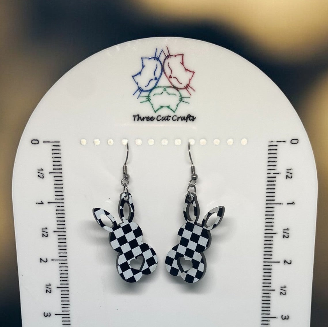 Black & White Checkered Bunny Earrings – Lightweight & Fun