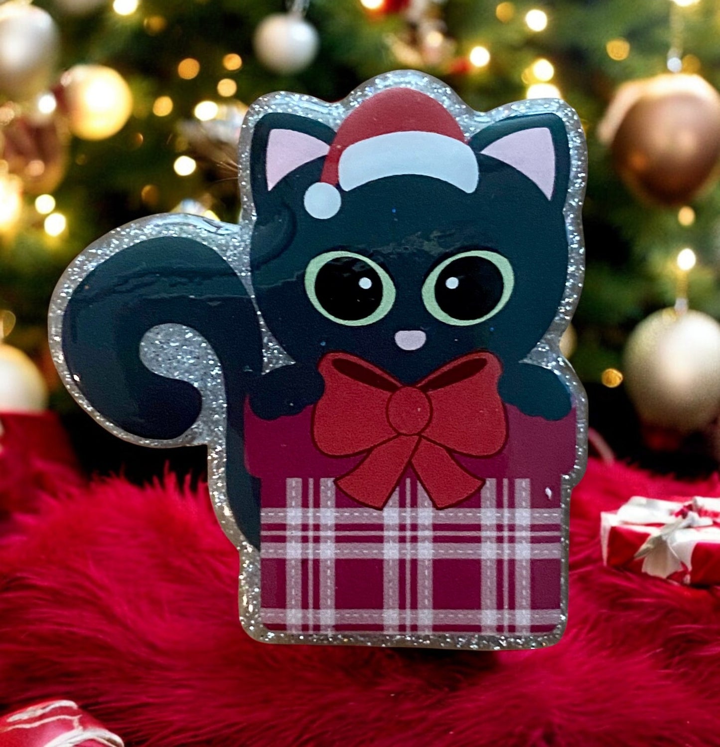 Cat with Santa Hat and Plaid Present - Christmas Topper