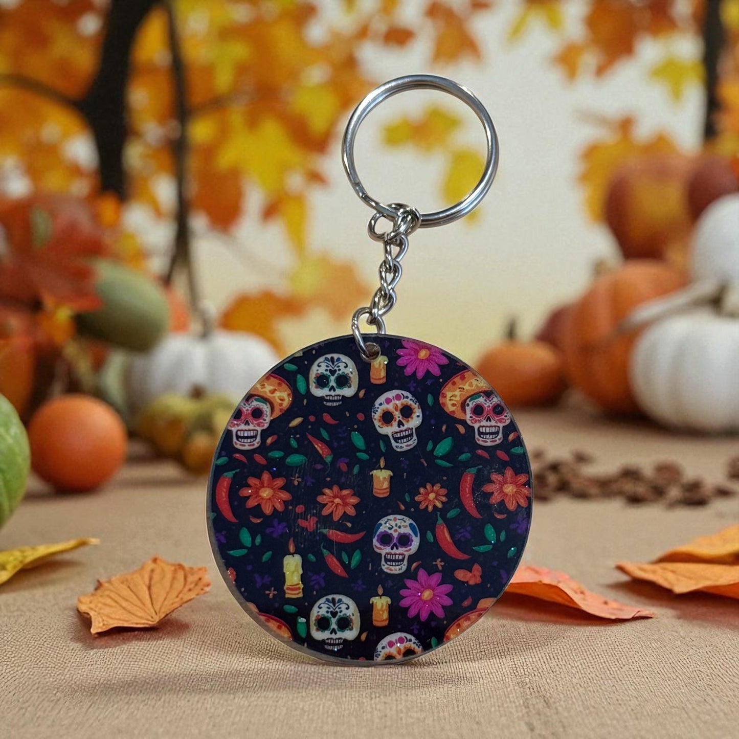 Day of the Dead Sugar Skull Keychain – Vibrant Fall Accessory