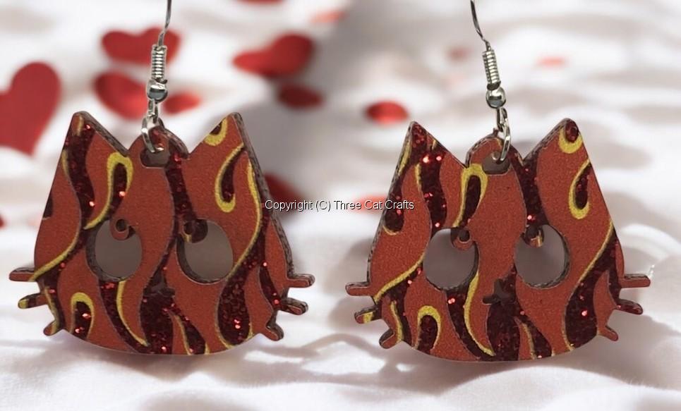 Fiery Pattern Cat Earrings – Bold Handmade Acrylic Jewelry