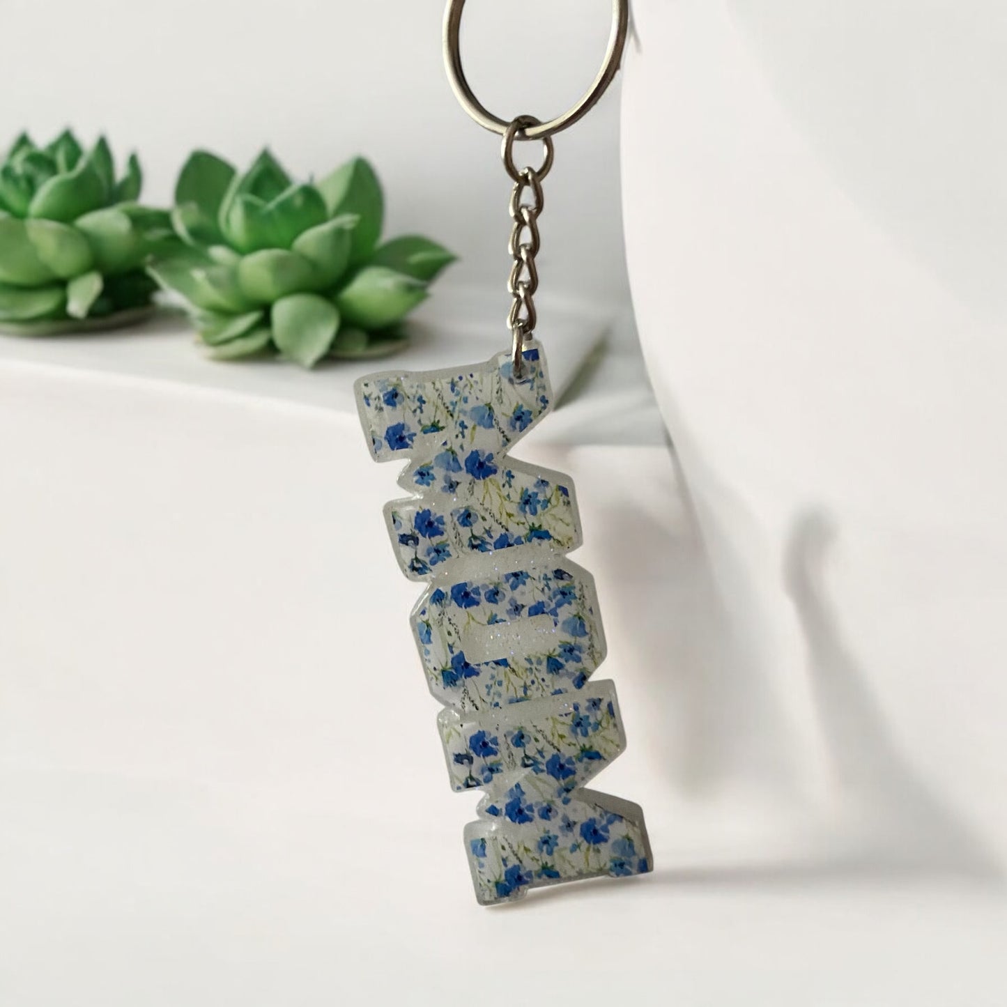 White and Blue Floral Mom Keychain