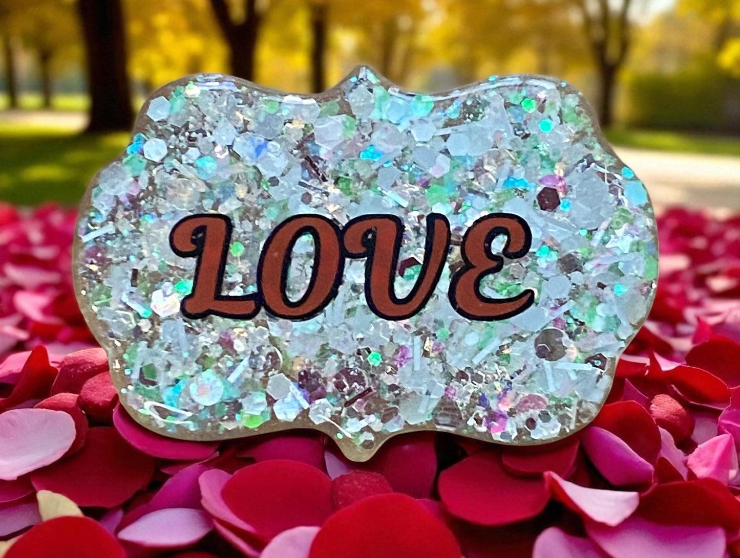 LOVE Iridescent Glitter Badge Reel Topper – Sparkle with Heart