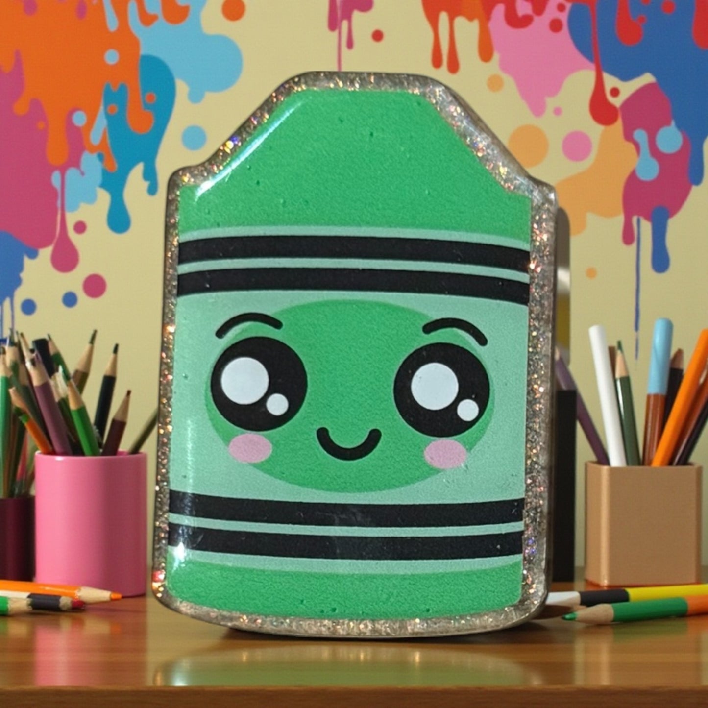 Crayon Badge Reel Topper - Silver Glitter Background