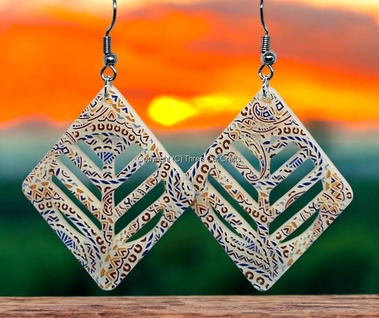 Diamond Shaped Acrylic Earrings – Paisley Pattern