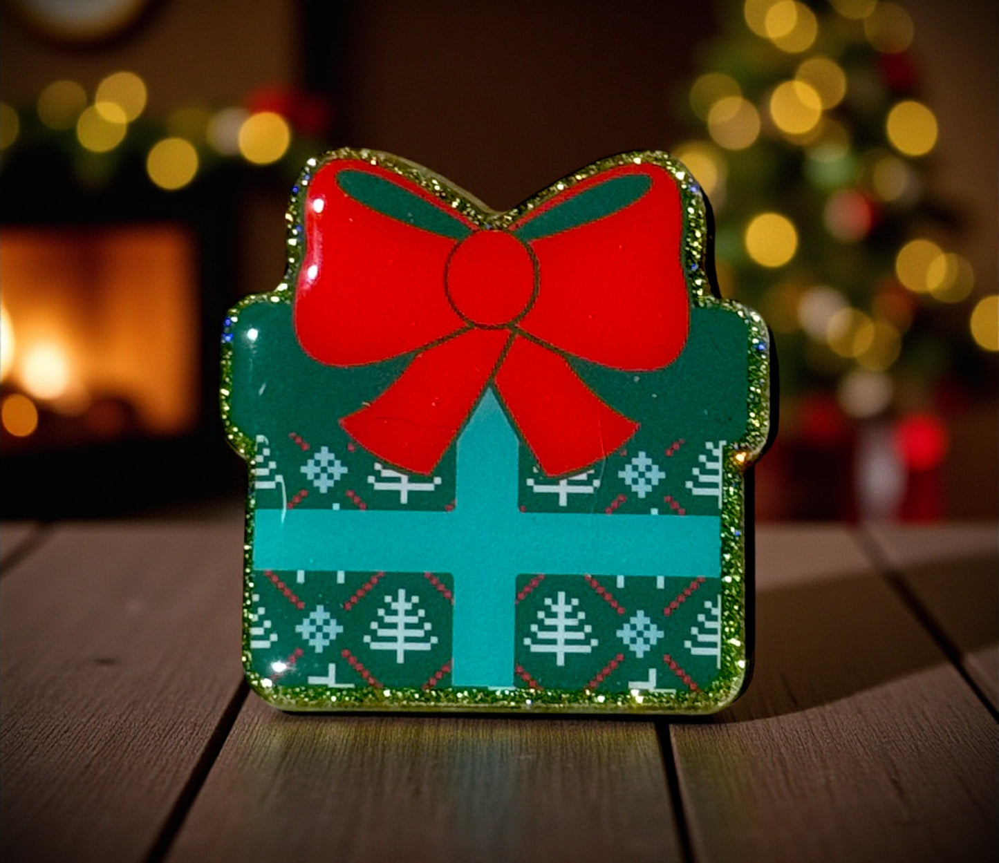 Christmas Gift Package Badge Reel Topper - Blue Ribbon wth Red Bow