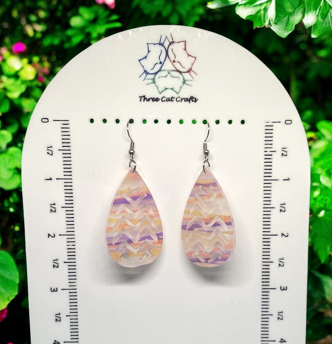 Pastel Purple & Orange Acrylic Teardrop Earrings with Patterned Cut-Offs