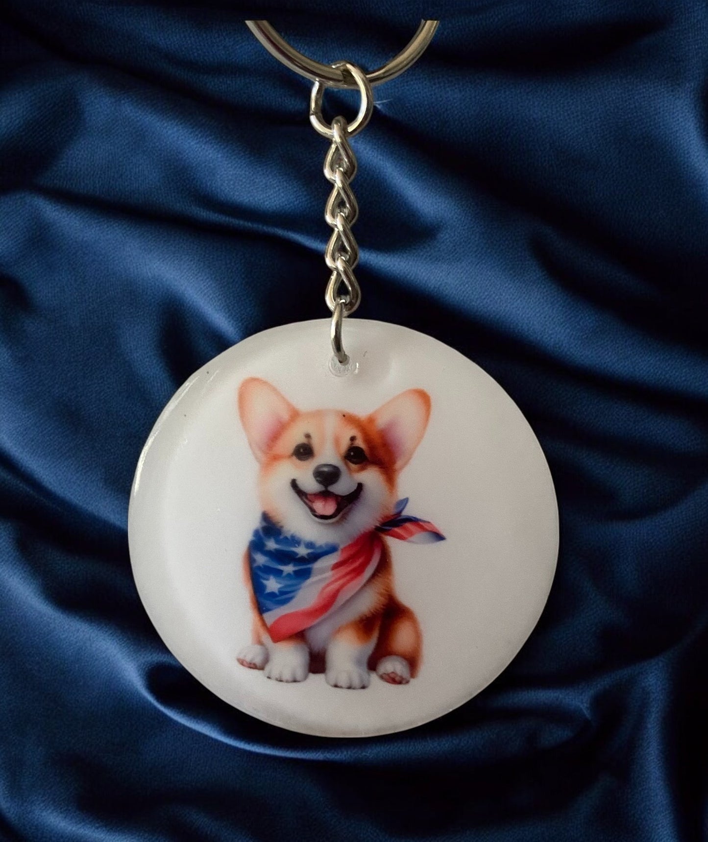 Corgi with Patriotic Bandana Keychain – UV Resin Finish