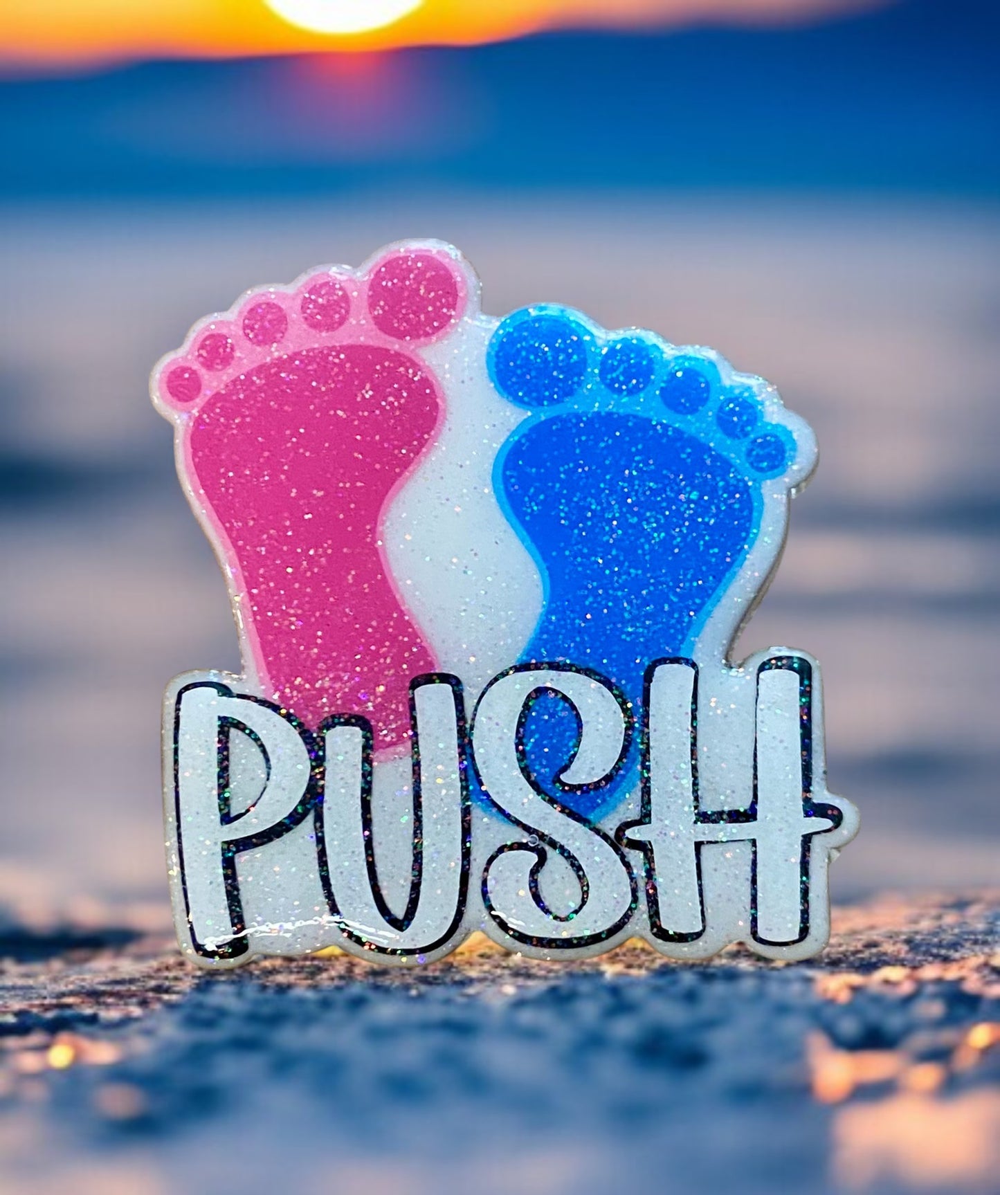 Push Badge Reel Topper – Pink & Blue Baby Feet Glitter Design
