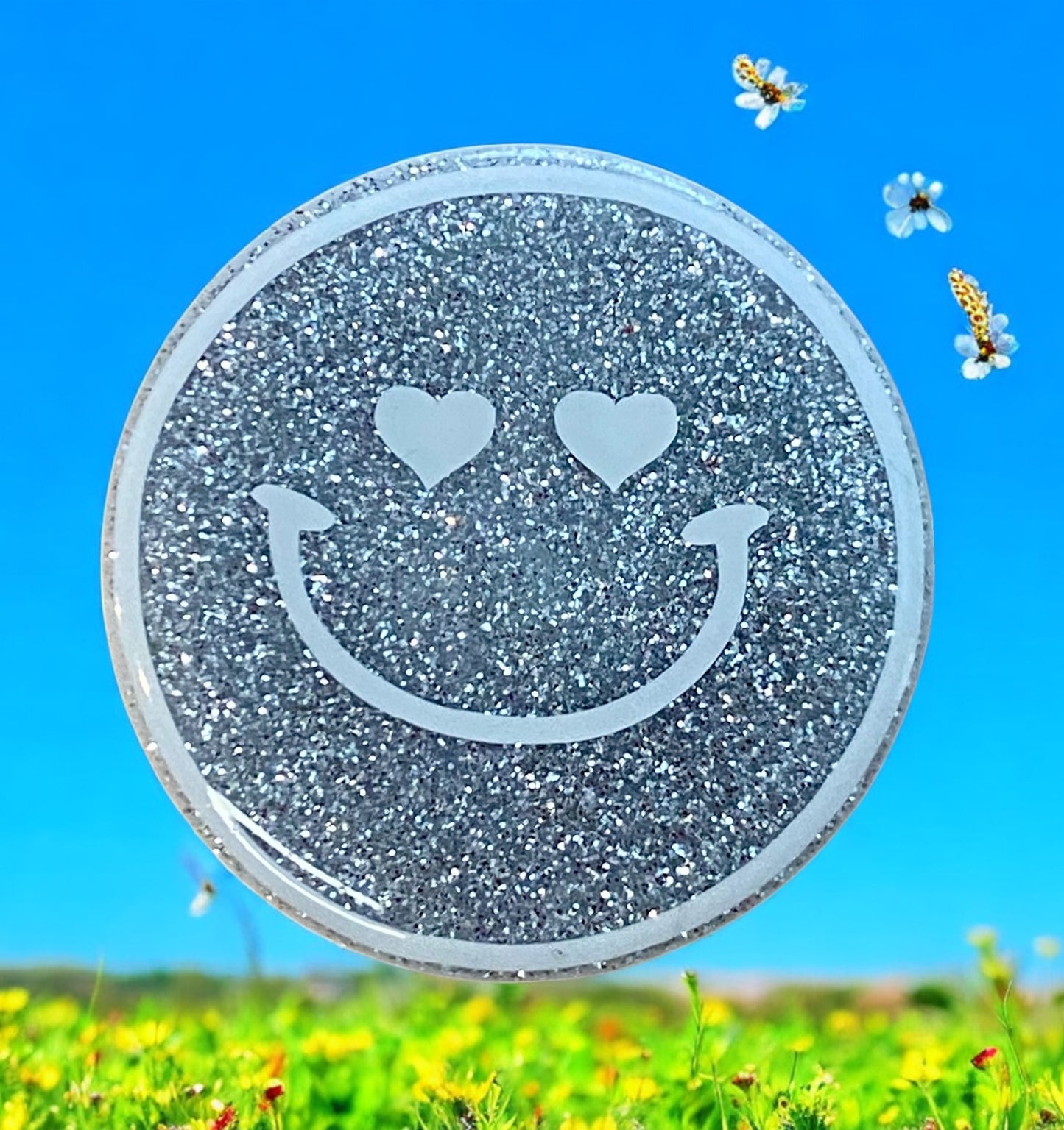 Silver Glitter Smiling Badge Reel Topper – Sparkle & Smile All Day!