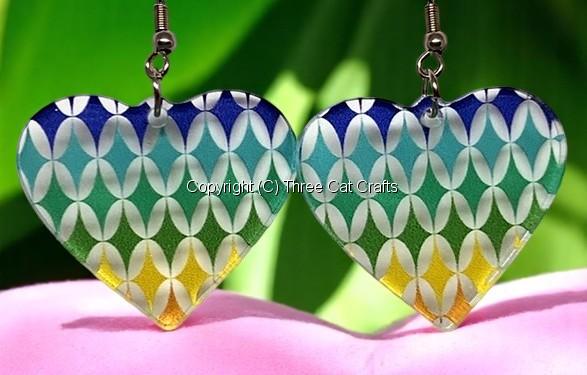 Heart Earrings – Rainbow Diamond Pattern on Clear Acrylic