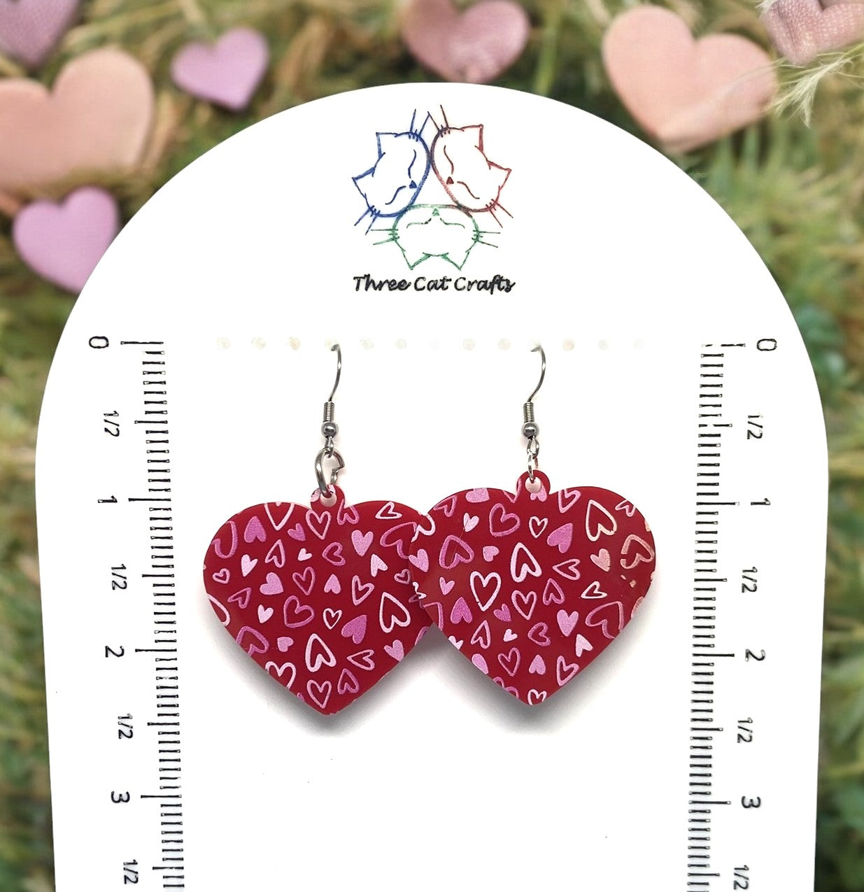 Red Heart Shaped Earrings with Scattered Pink and White Hearts