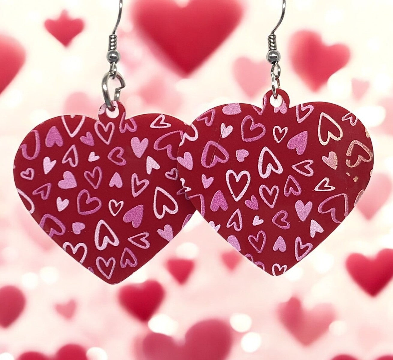 Red Heart Shaped Earrings with Scattered Pink and White Hearts