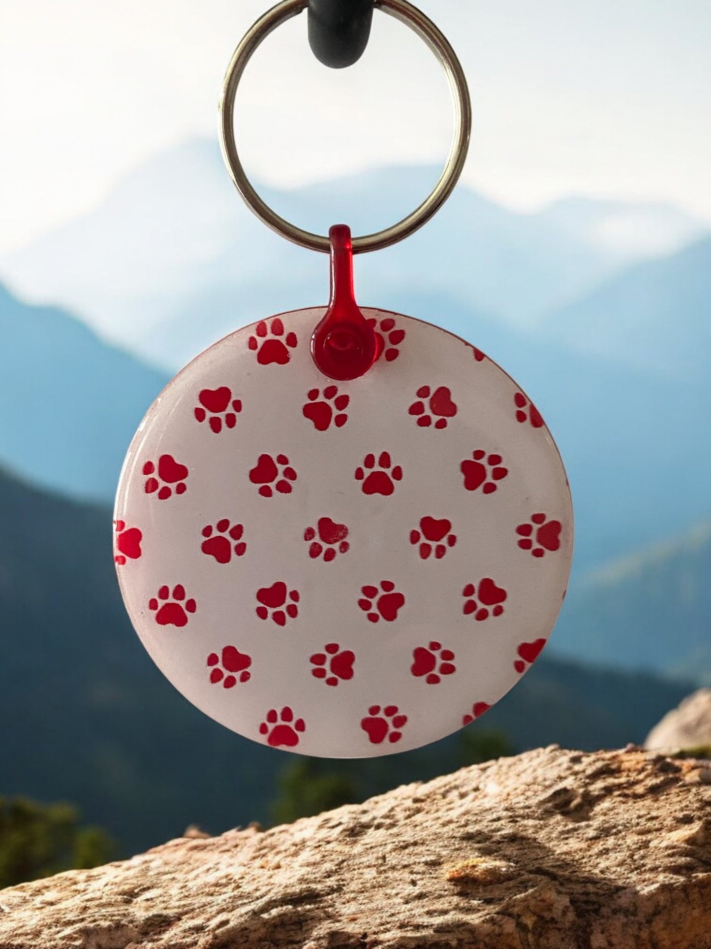 Red and White Keychain with Paw Prints