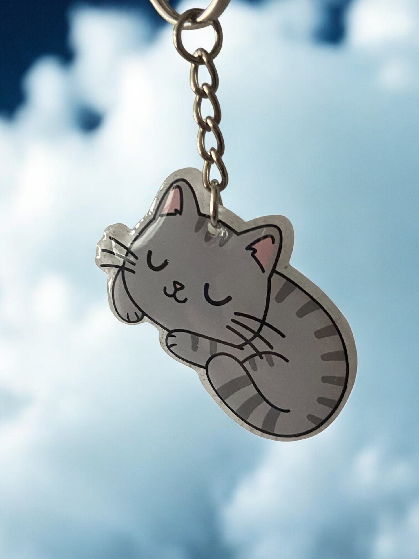 Sleeping Grey Kitty Cat Keychain