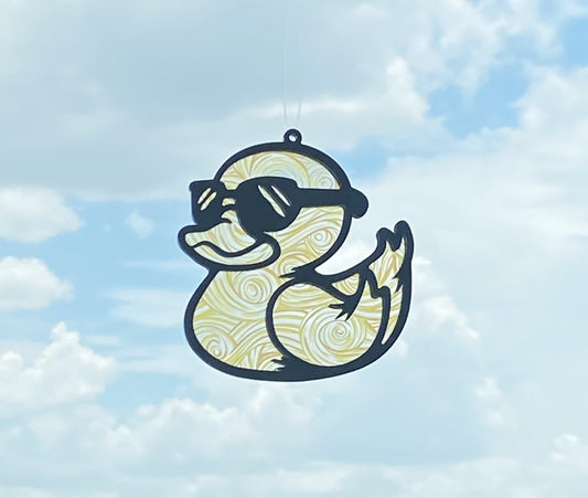 Duck Suncatcher – Quirky Duck with Sunglasses (yellow swirl)