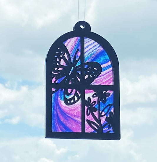 Butterfly & Floral Window Suncatcher – Stained Glass Look Style