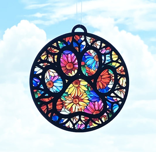 Floral Paw Print Suncatcher – Rainbow Daisy Stained Glass Style Window Decor