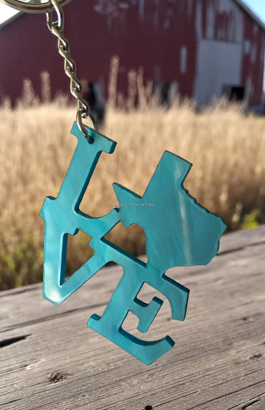 Teal/Blue LOVE Keychain with Texas as the "O" (matte)