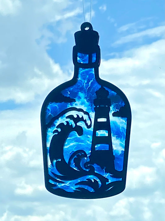 Lighthouse & Ocean Waves Stained Glass Looking Suncatcher – Coastal Bottle-Shaped Window Decor