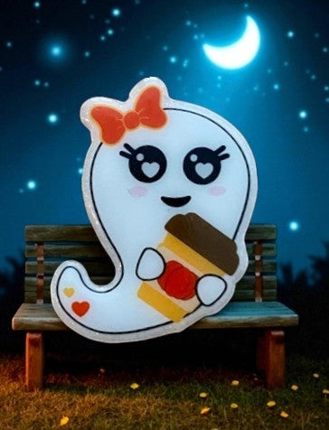 Ghost with Coffee Badge Reel Topper – Cute Halloween Accessory