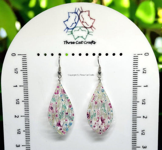 Clear Acrylic Teardrop Earrings with Delicate Floral Pattern