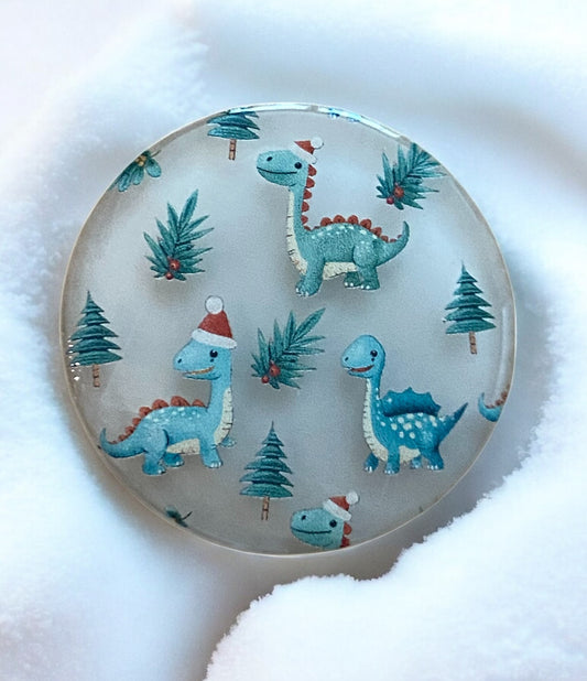 Festive Dinosaur Badge Reel Topper with Santa Hat & Trees