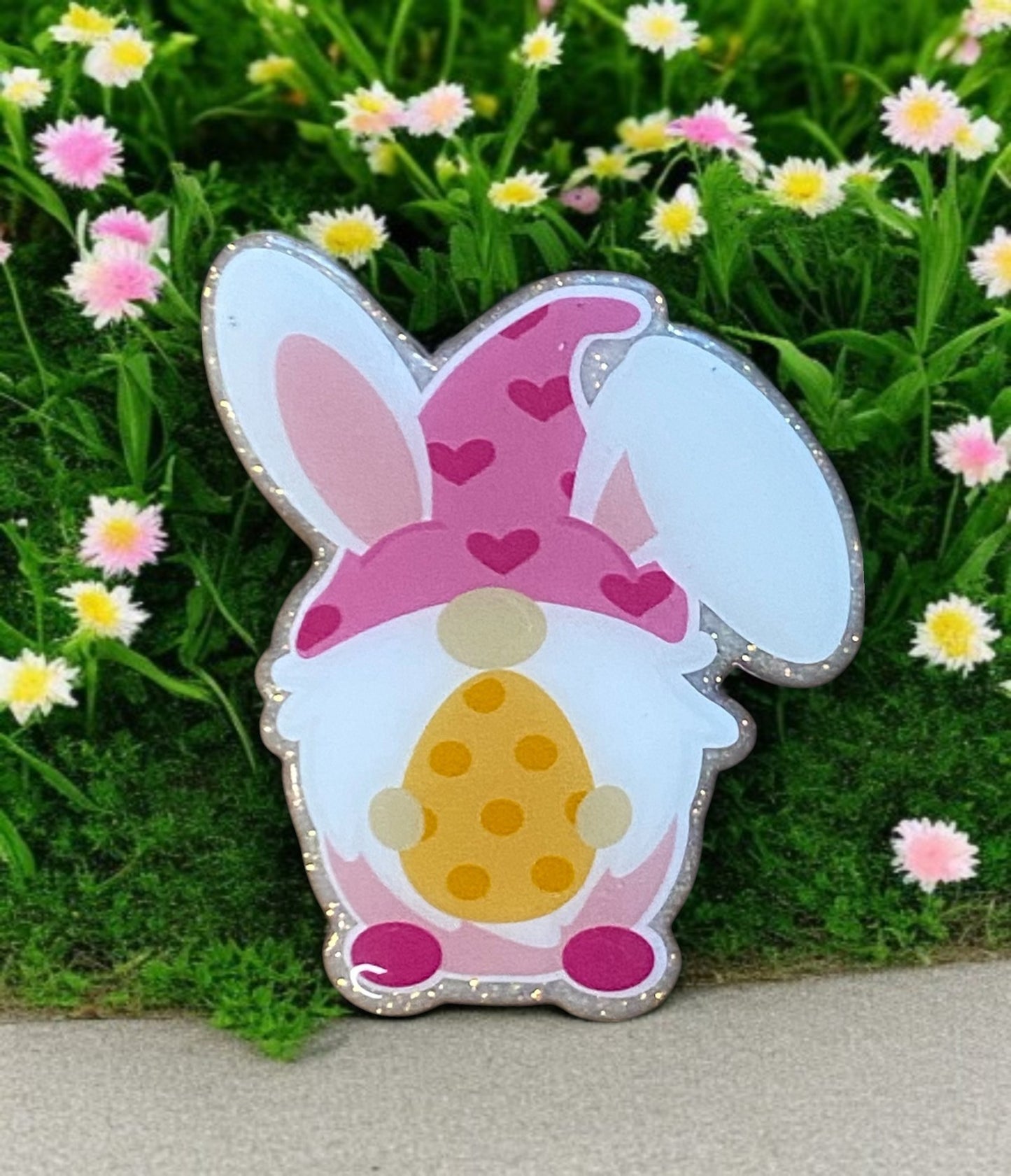 Whimsical Bunny Gnome Badge Reel Topper – Glittery Spring & Easter Charm