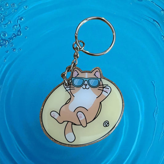 Cat with Sunglasses on Inner Tube - colorful glitter background