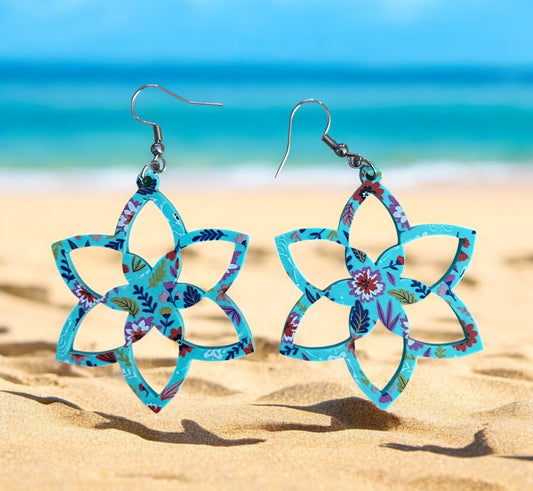 Teal Floral Acrylic Flower Shaped Earrings with a Surprise - White Skeletons