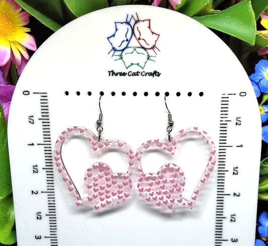 Double Heart Clear Acrylic Earrings – Light & Dark Heart Print Pattern