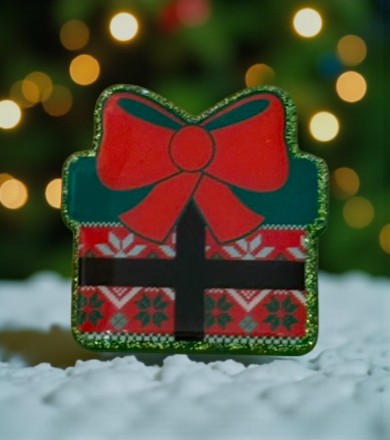 Christmas Gift Package Badge Reel Topper  - Dark Ribbon with Red Bow