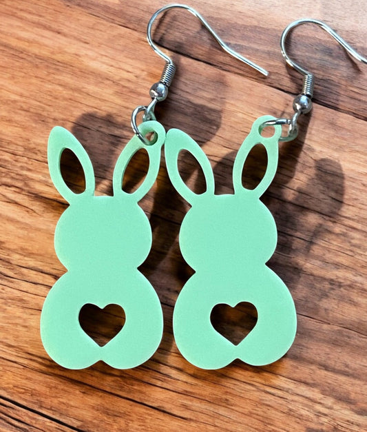 Whimsical Green Bunny Earrings with Heart Cutout