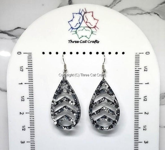 Grey, Black and White Floral Patterned Teardrop Earrings