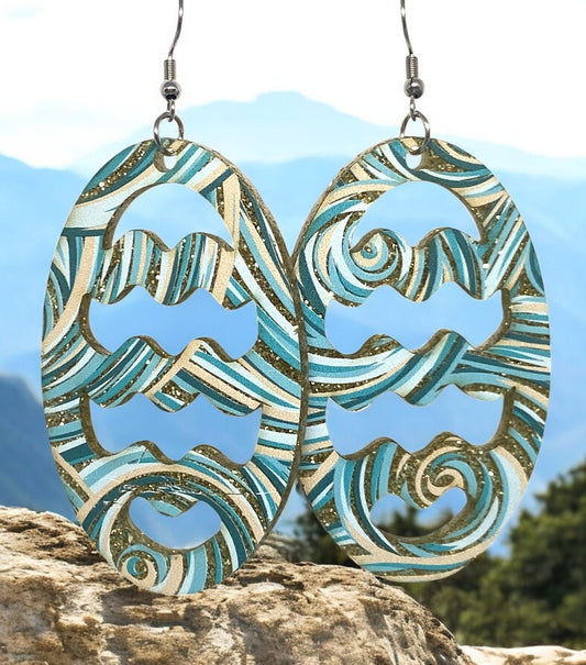 Gold Glitter Acrylic Earrings with Swirl Pattern – Large