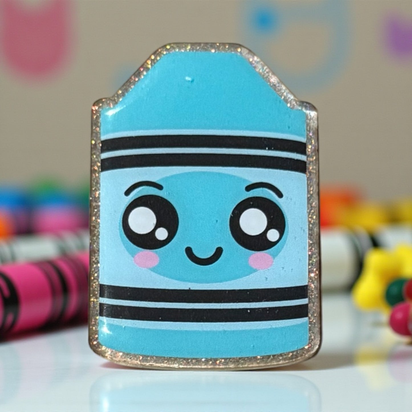 Crayon Badge Reel Topper - Silver Glitter Background