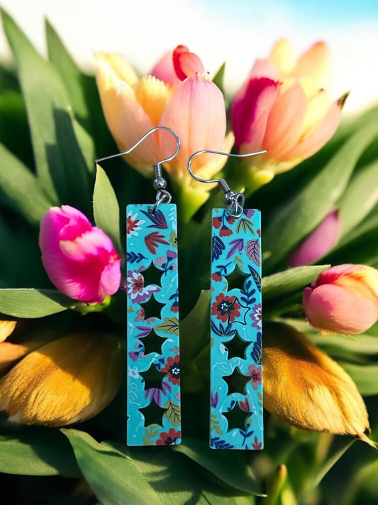 Teal Floral Acrylic Drop Earrings with Hidden Pattern Surprise!