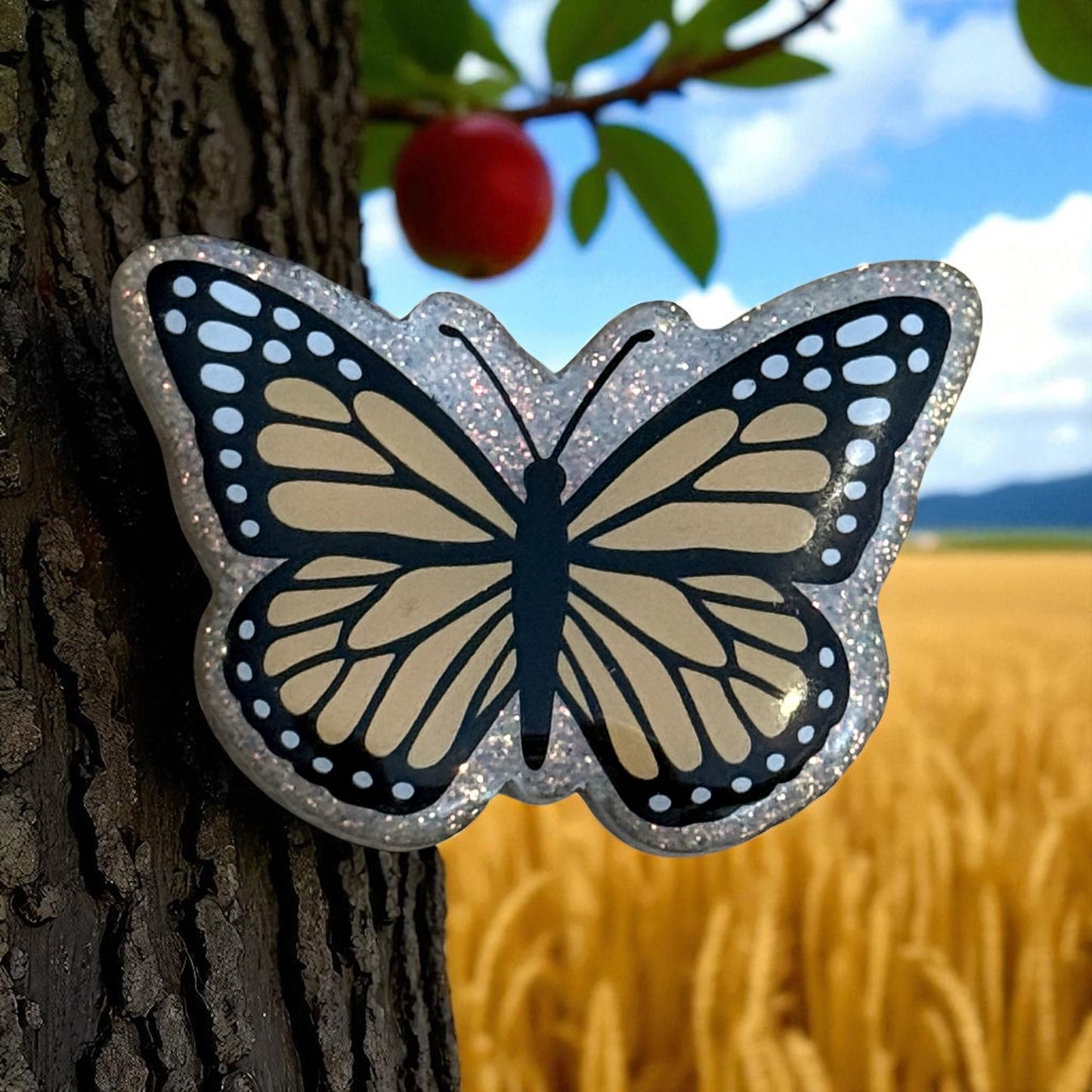 Glittery Monarch Butterfly Badge Reel Topper
