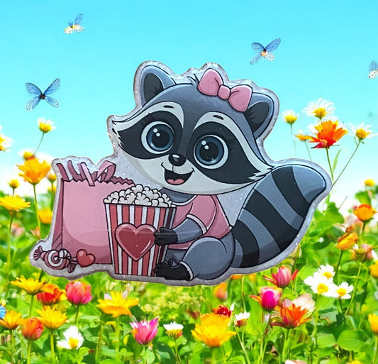 Raccoon Badge Reel Topper with Candy & Popcorn
