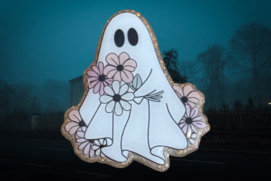 Cute Ghost with Flowers Interchangeable Badge Reel Topper | Spooky Season