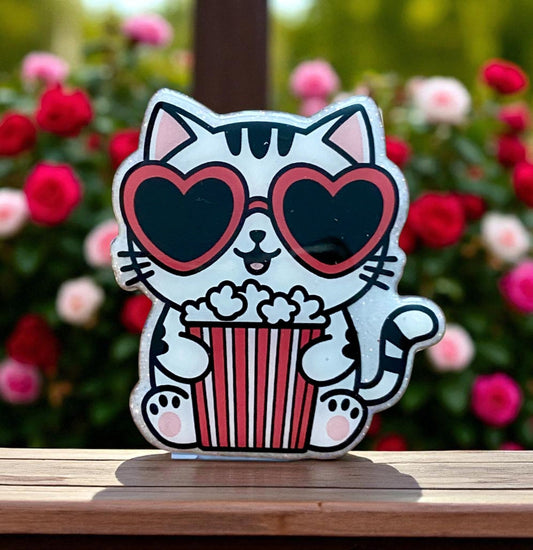 Cat with Heart Glasses Badge Reel – Popcorn Lover Design