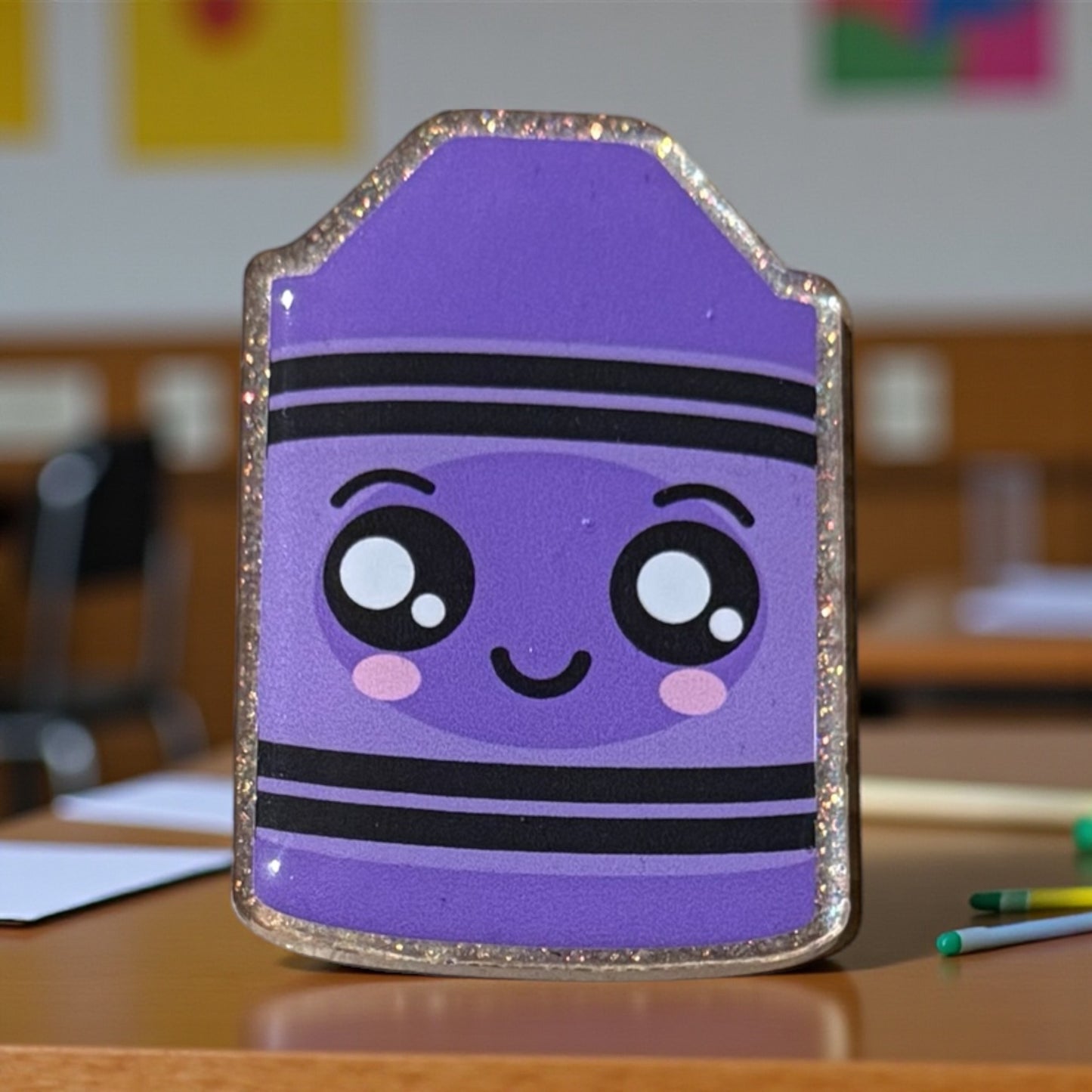 Crayon Badge Reel Topper - Silver Glitter Background