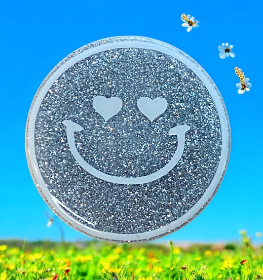 Silver Glitter Smiling Badge Reel Topper – Sparkle & Smile All Day!