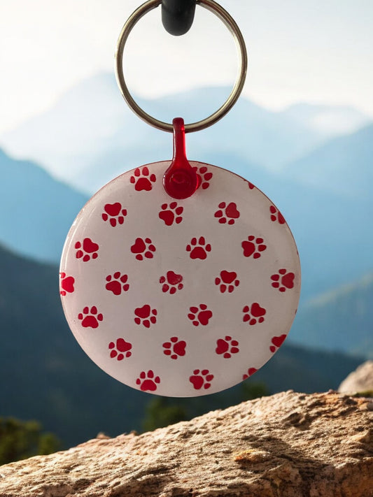 Red and White Keychain with Paw Prints