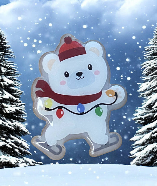 Skating Bear Badge Reel Topper – Festive Winter Accessory