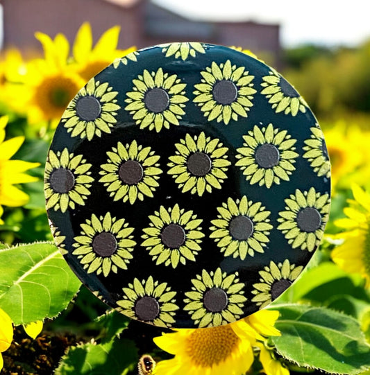 Sunflower Badge Reel Topper – Floral Pattern on Glossy Black