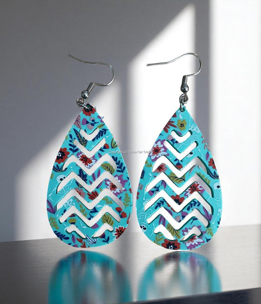 Teal Floral Acrylic Teardrop Earrings with a Surprise - White Skeletons