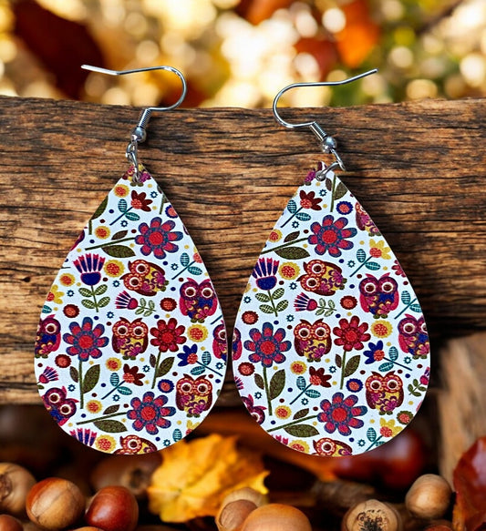 Whimsical Owl & Floral Teardrop Earrings – Lightweight Fall Statement Jewelry
